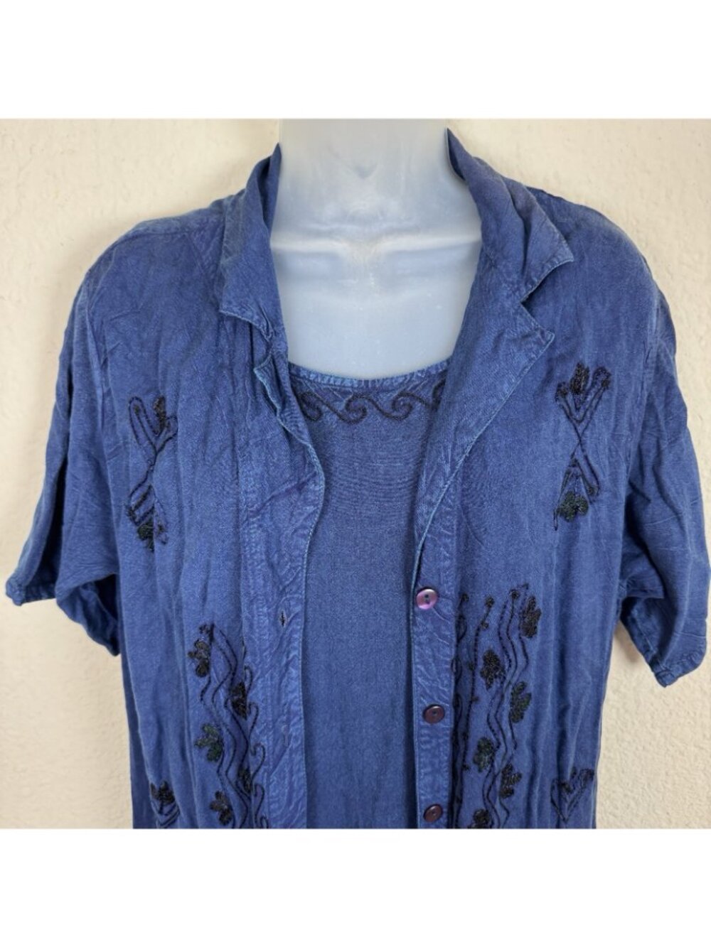 MPH Collection VTG  2 Piece Boho L  Maxi Dress Embroidered Hippie Blue Overcoat - Picture 4 of 12